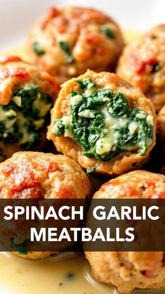 Delicious Spinach and Garlic Meatballs with mozzarella on a plate, drizzled with Spinach Alfredo Sauce.