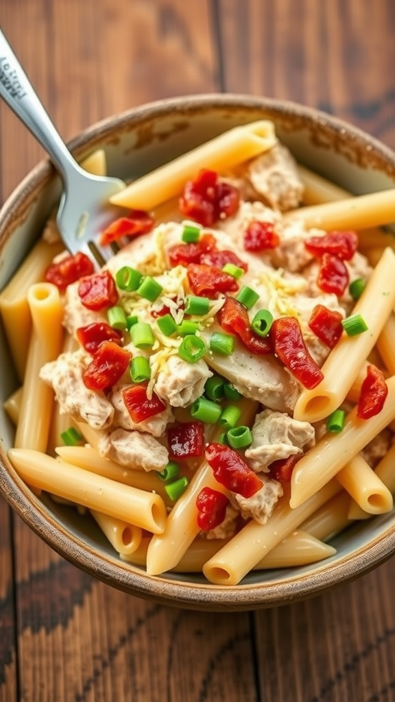 A bowl of Cracked Chicken Penne Pasta with chicken, bacon, and creamy sauce, garnished with green onions.