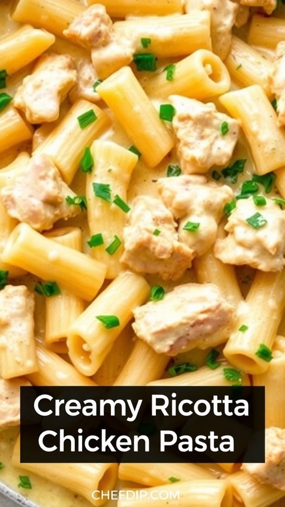 Creamy chicken rigatoni pasta with ricotta cheese, garnished with basil and Parmesan on a rustic table.