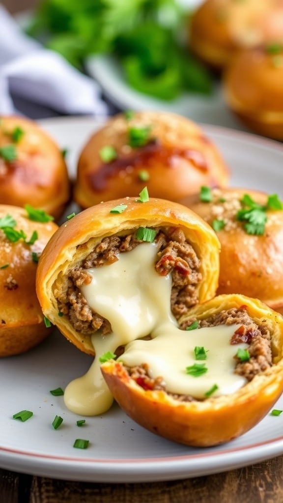 A delicious plate of garlic parmesan cheeseburger bombs, featuring juicy beef and melty cheese in a golden biscuit shell, garnished with parsley.