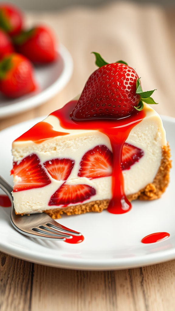 A slice of strawberry swirl cheesecake topped with strawberries and sauce on a plate.