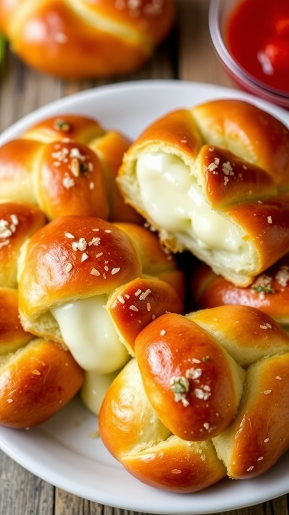 Mozzarella stuffed pretzels with rosemary and parmesan on a wooden table, served with marinara sauce.