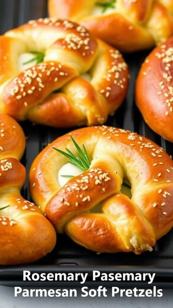 Mozzarella stuffed pretzels with rosemary and parmesan on a wooden table, served with marinara sauce.