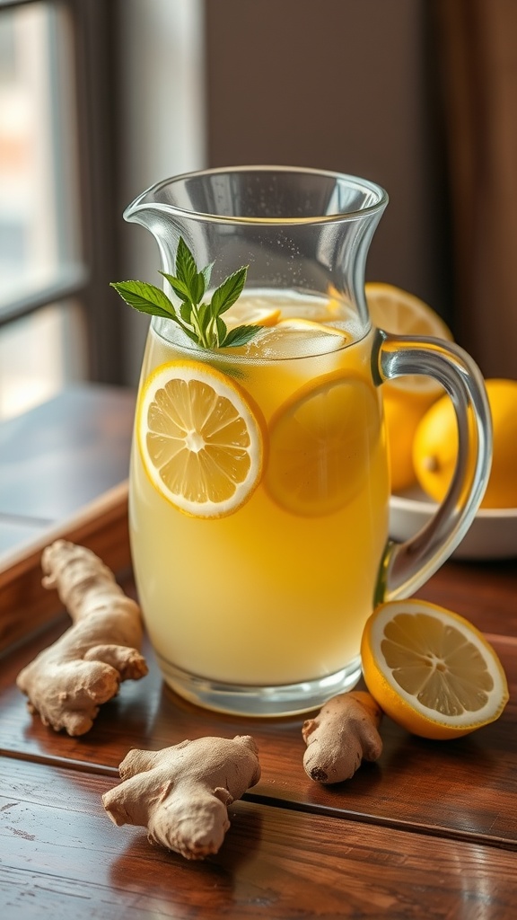 A pitcher of Detoxifying Ginger Lemonade with lemon slices and ginger on a wooden tray.