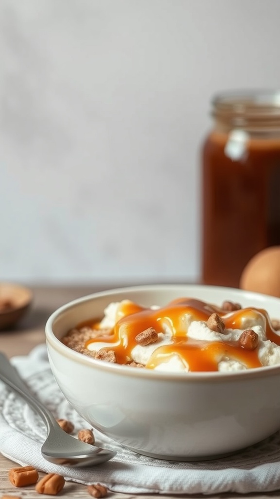 A bowl of dulce de leche oatmeal topped with whipped cream and caramel drizzle.