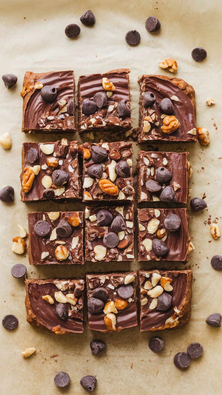 Delicious homemade protein bars topped with chocolate and nuts.