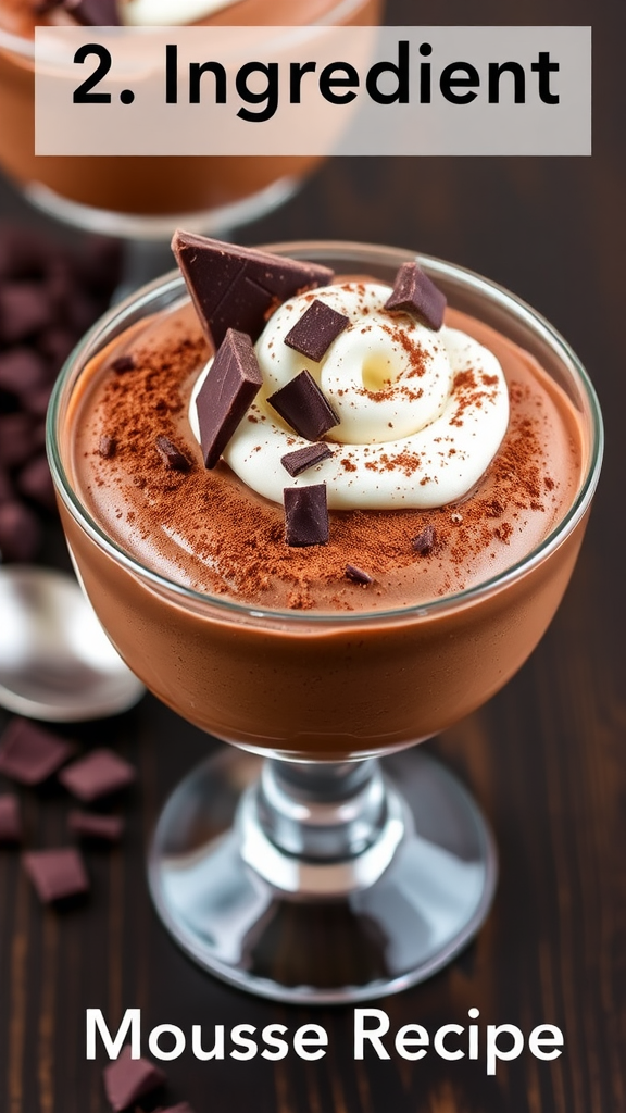 Decadent chocolate mousse in a glass cup, topped with whipped cream and chocolate shavings on a wooden table.