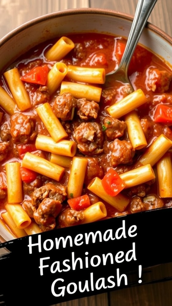 A comforting bowl of old fashioned goulash with ground beef, elbow macaroni, and tomato sauce, garnished with Parmesan cheese.