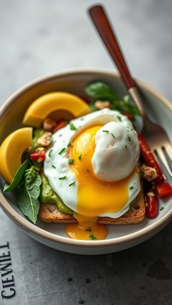 A bowl featuring toasted bread topped with avocado, poached eggs, and fresh vegetables.