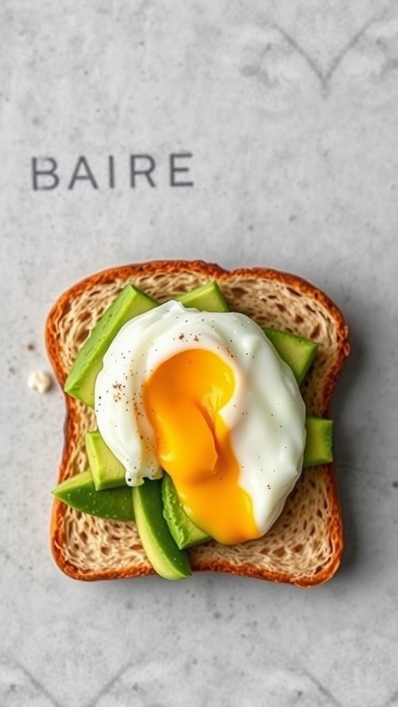 A slice of toast topped with sliced avocado and a poached egg.