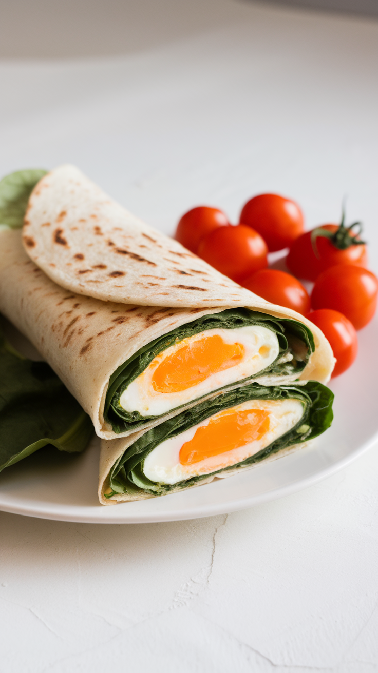 A delicious egg and spinach breakfast wrap cut in half, showcasing the bright yellow yolk and fresh spinach inside.