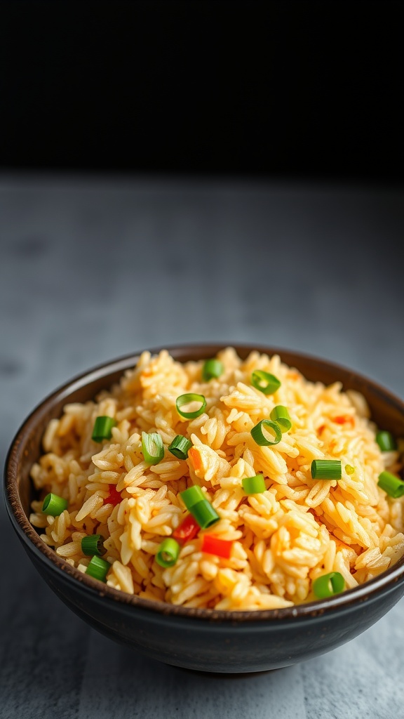 A bowl of egg fried rice garnished with green onions.