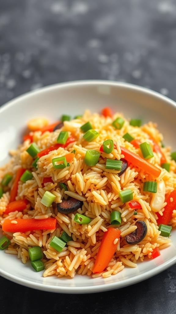 A plate of colorful egg fried rice with vegetables