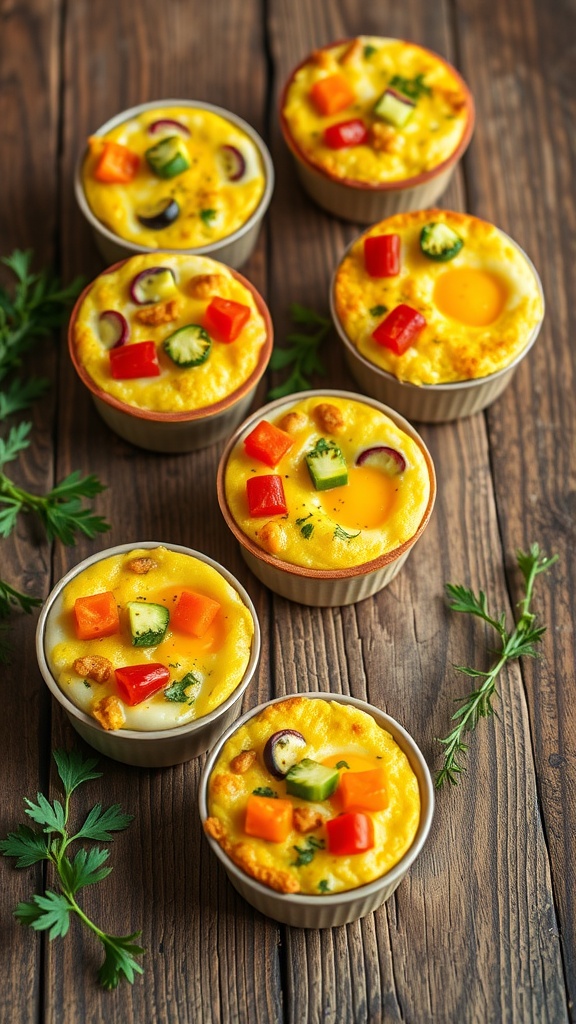 Egg muffins with assorted vegetables in ramekins on a wooden background