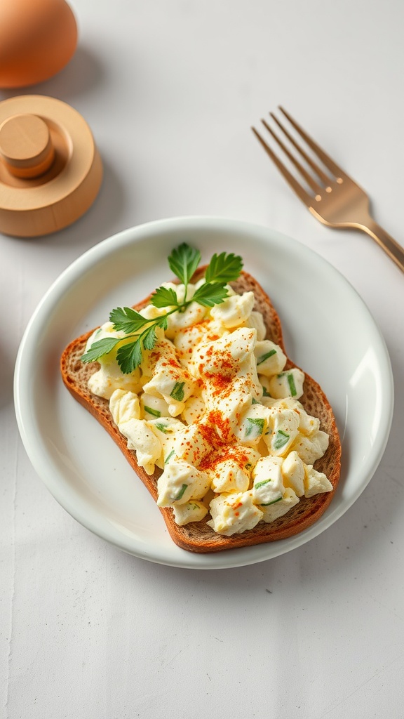 A serving of egg salad on whole grain toast garnished with parsley and paprika.