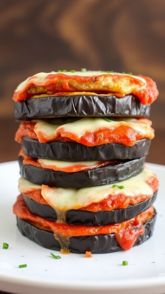 A delicious stack of eggplant parmesan with layers of eggplant, cheese, and marinara sauce.