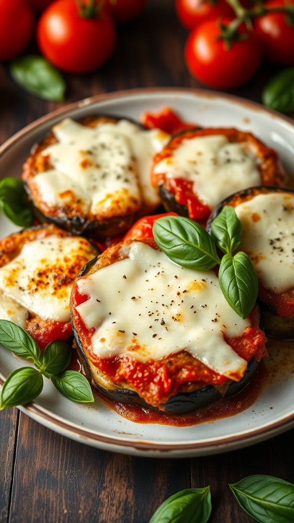 A plate of Eggplant Parmesan topped with mozzarella cheese and fresh basil