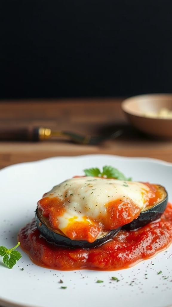 Delicious eggplant parmesan served with marinara sauce.