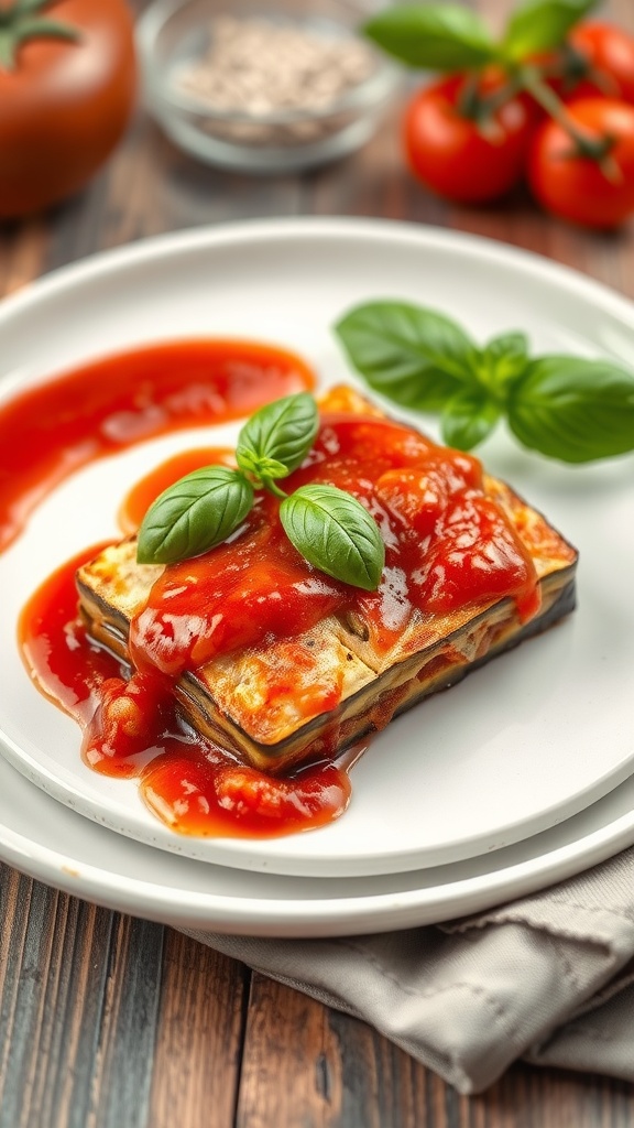 A delicious serving of Eggplant Parmesan topped with marinara sauce and fresh basil.