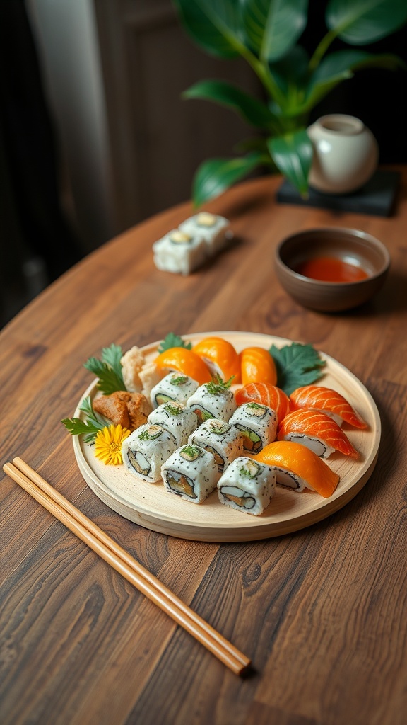 A beautifully arranged plate of sushi and sashimi, perfect for a romantic dinner.