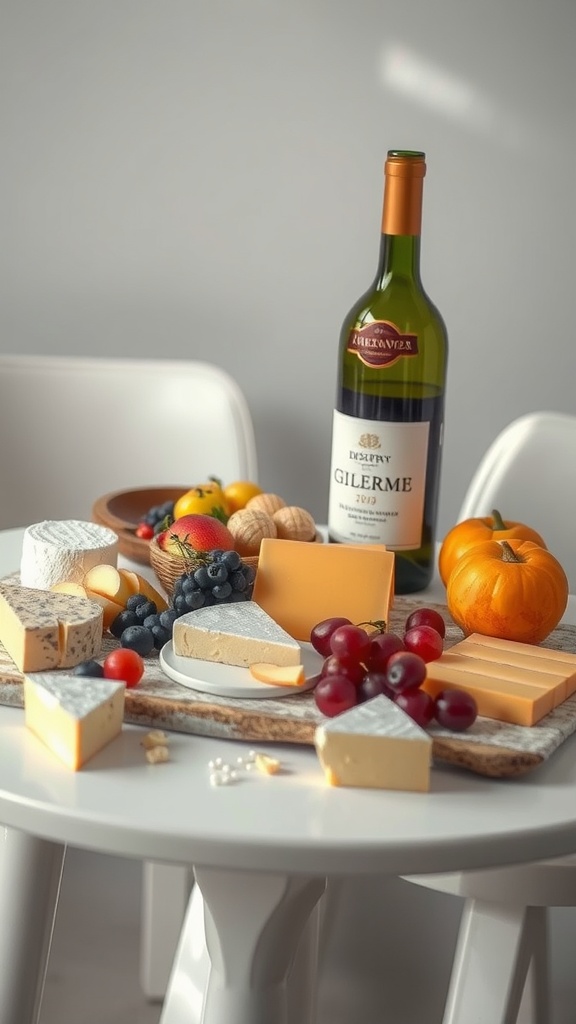 A spread of assorted cheeses, fruits, and a bottle of wine on a table.