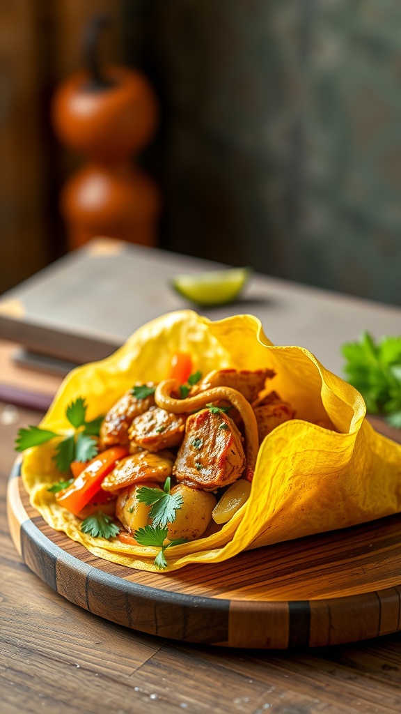 A traditional Brazilian empadão, a savory pie filled with shredded chicken and vegetables, on a wooden serving platter.