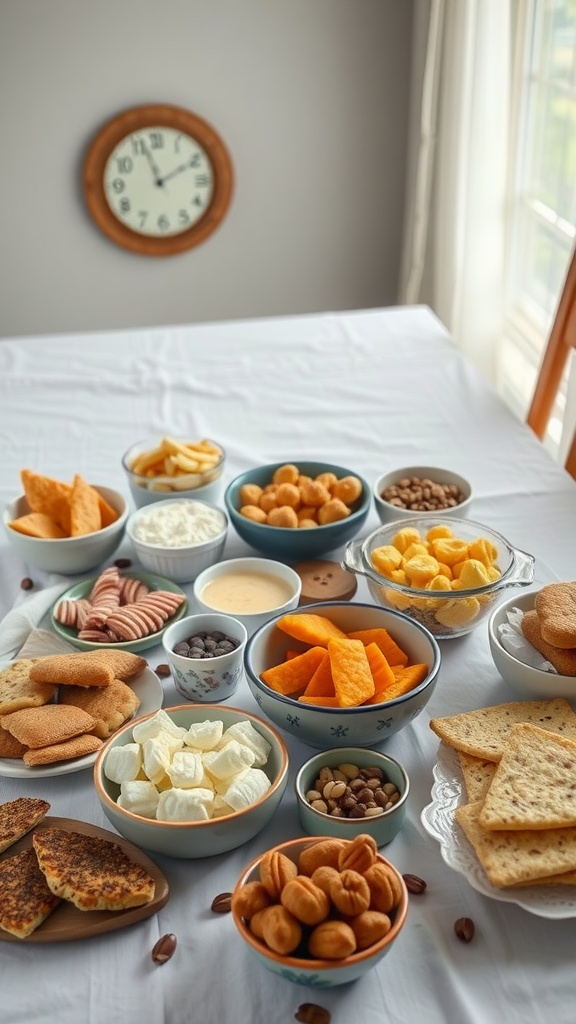 A variety of healthy snacks arranged in bowls on a table.