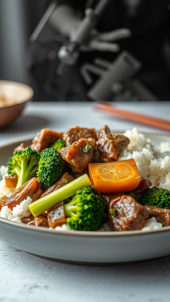 Plate of beef and broccoli with rice