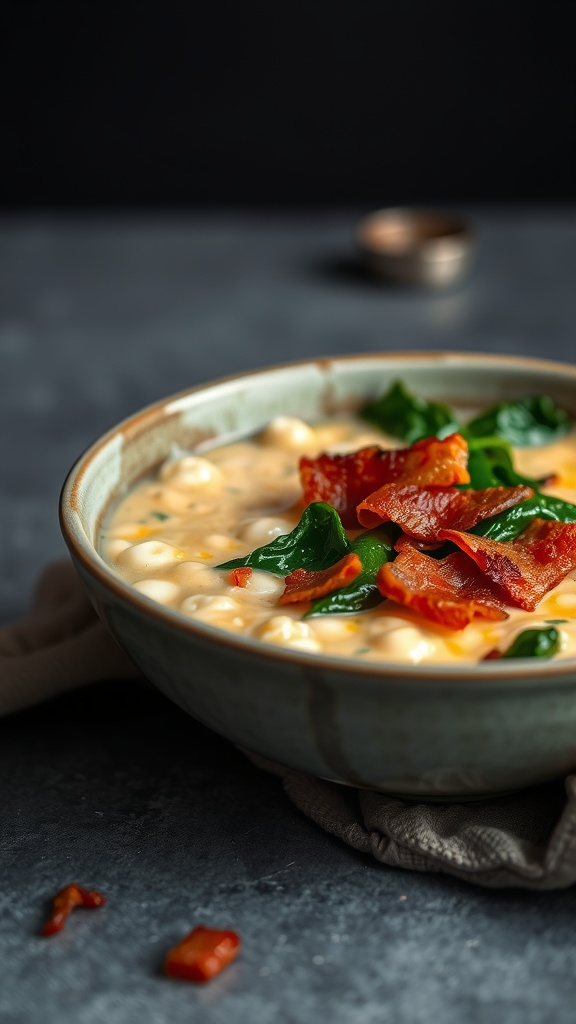 A bowl of Feijão Tropeiro with bacon and greens