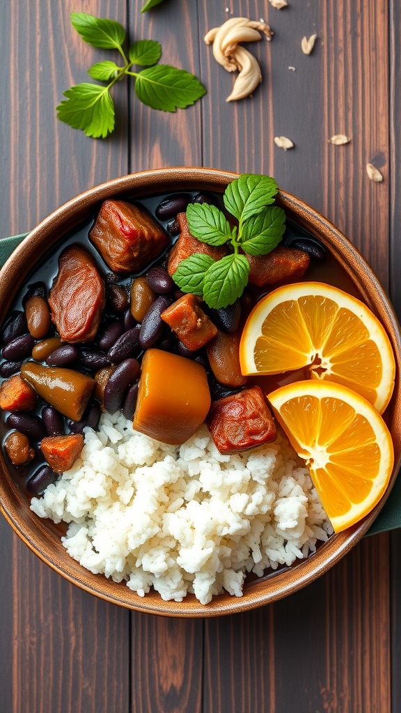 A bowl of Feijoada, a classic Brazilian stew with black beans and various meats, served with rice and garnished with orange slices.