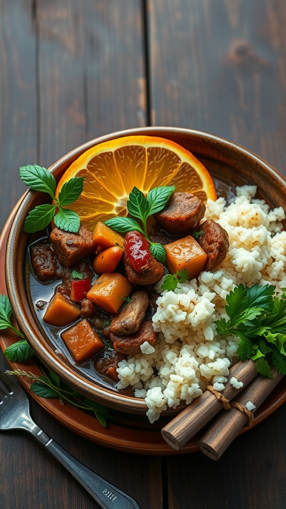 A bowl of feijoada served with rice and garnished with orange slices and herbs.