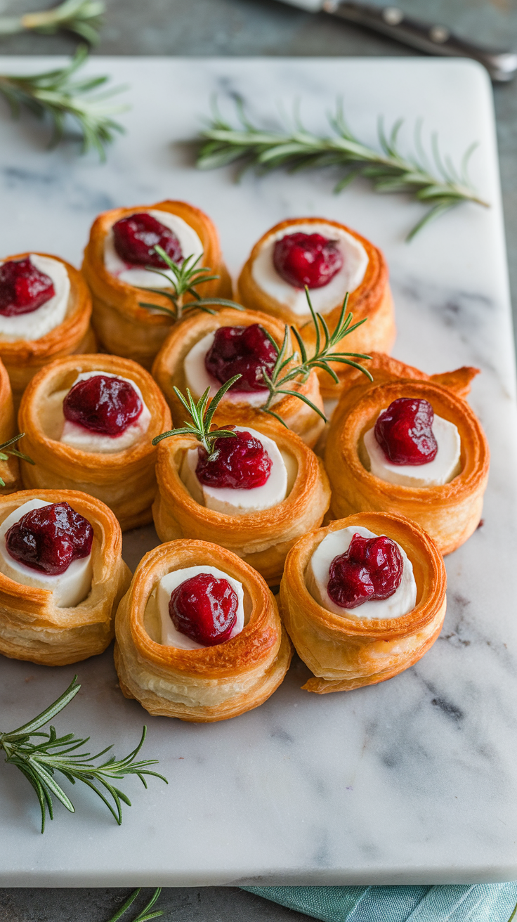 Delicious cranberry brie bites arranged on a marble platter with rosemary sprigs