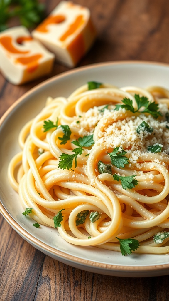 A plate of fettuccine Alfredo garnished with parsley and grated cheese.