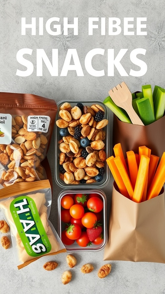 An assortment of high fiber snacks including fruits, nuts, and veggies.