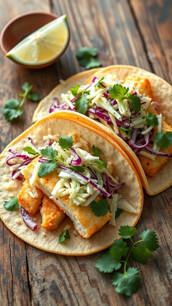 Fish tacos topped with cabbage slaw and cilantro on a wooden table