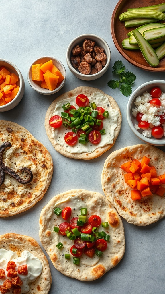 Flatbreads topped with various ingredients ready for serving.
