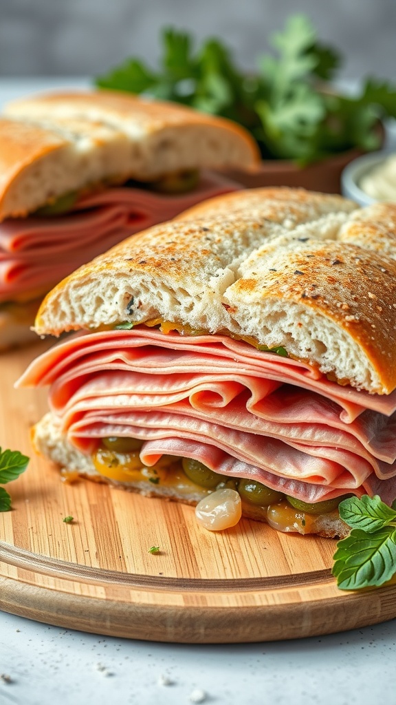 A close-up of a muffuletta sandwich with layers of meats and olive salad.