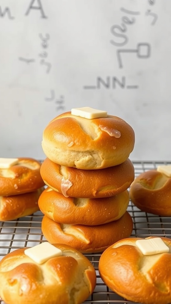 Fluffy brioche buns stacked on a cooling rack with a pat of butter on top