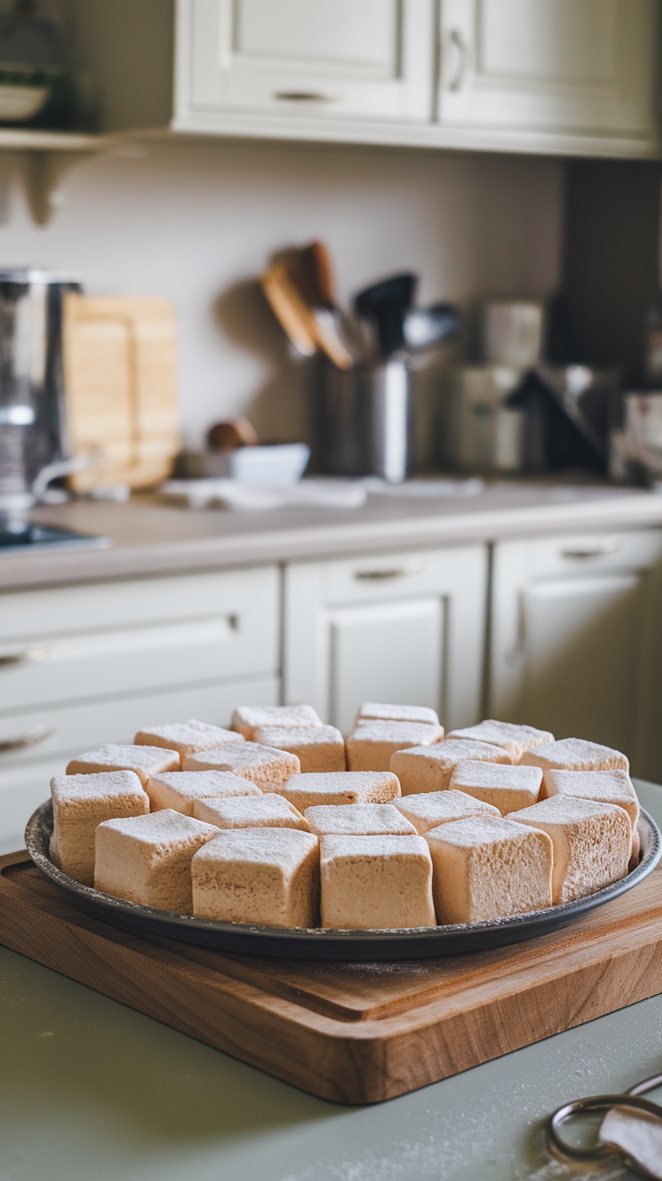 A platter of fluffy homemade marshmallows dusted with powdered sugar, set in a cozy kitchen.