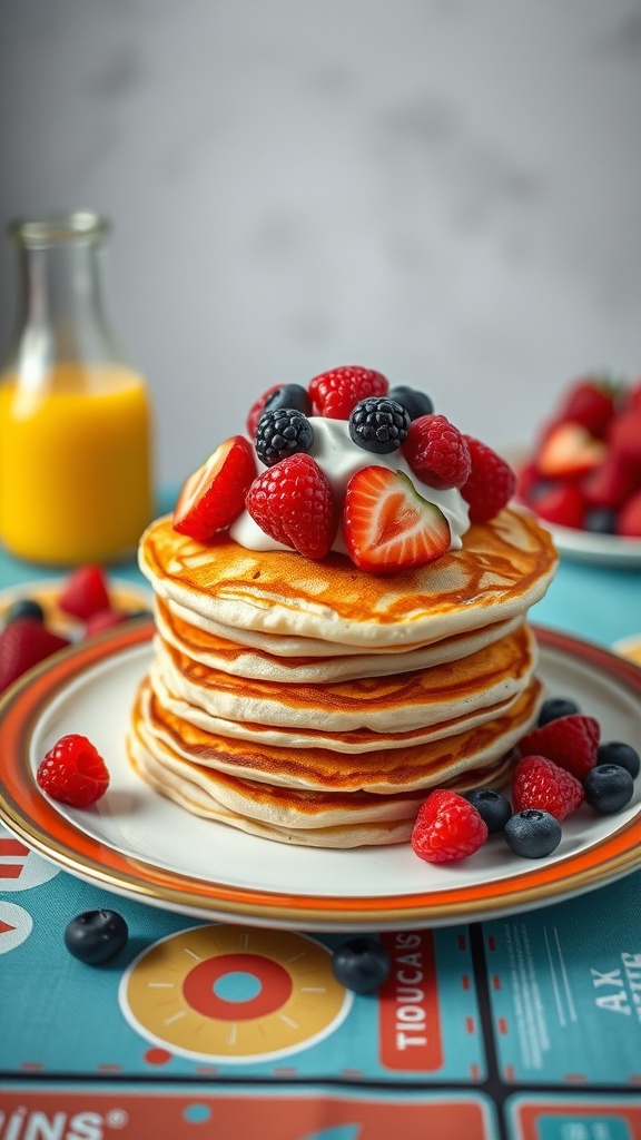Fluffy pancakes topped with fresh berries and yogurt.