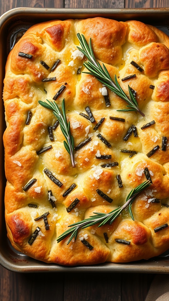 A freshly baked focaccia bread topped with rosemary