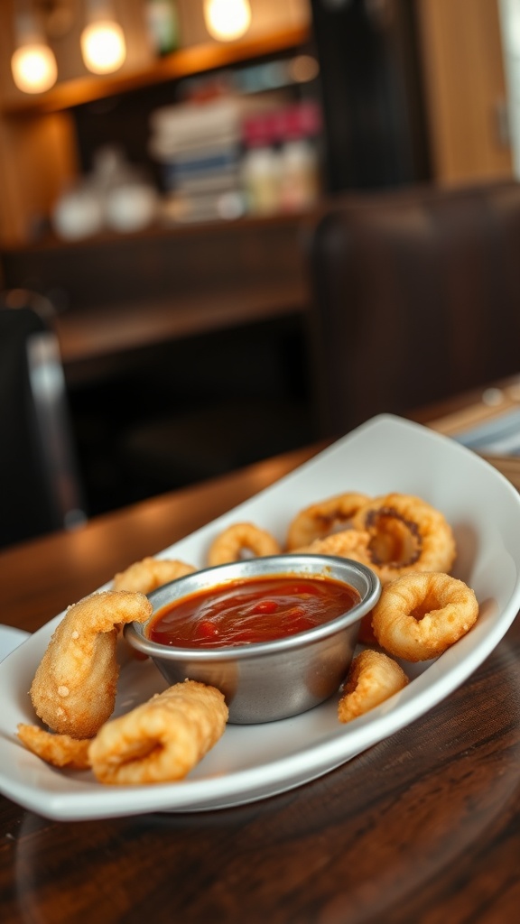 Delicious plate of fried calamari served with marinara sauce