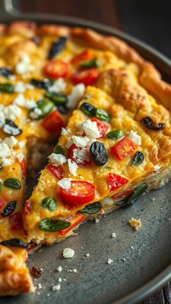 A slice of frittata with colorful seasonal vegetables on a plate.
