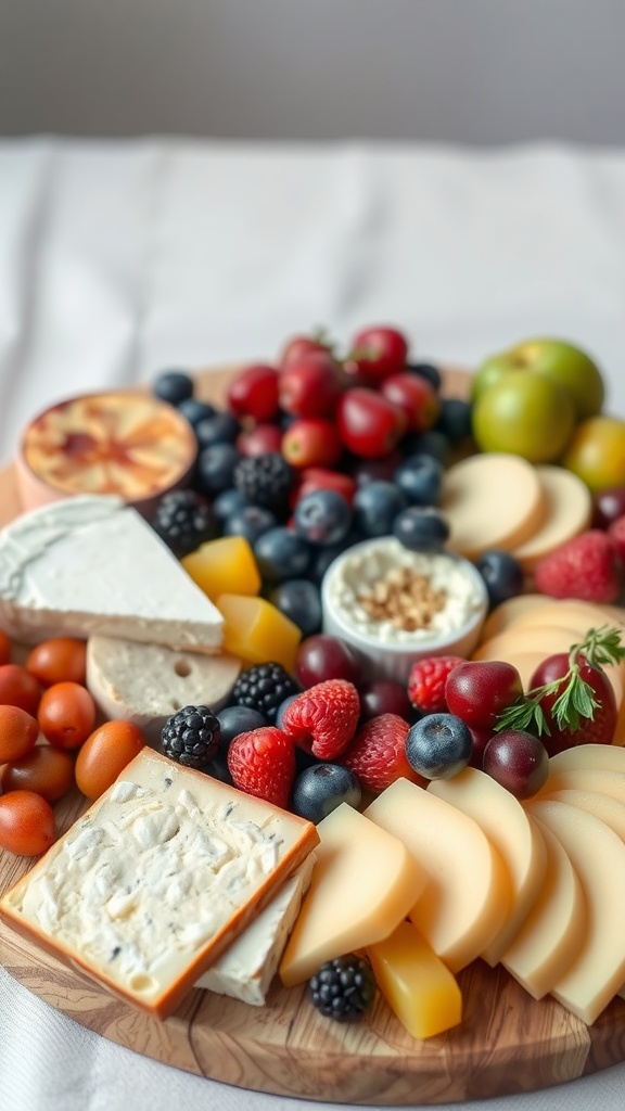 A vibrant fruit and cheese platter featuring various fruits and cheeses arranged beautifully.