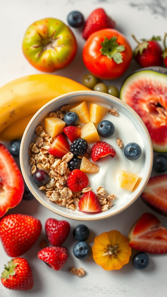A bowl of fruit and nut muesli surrounded by fresh fruits.
