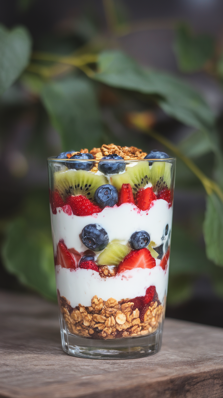 A colorful fruit and yogurt parfait in a clear glass, showcasing layers of yogurt, fresh berries, and granola.