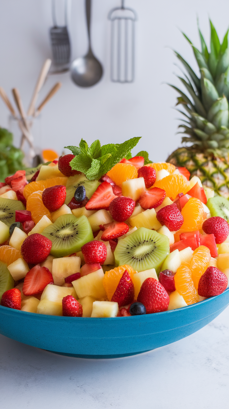 A colorful fruit salad with various fruits topped with fresh mint leaves.