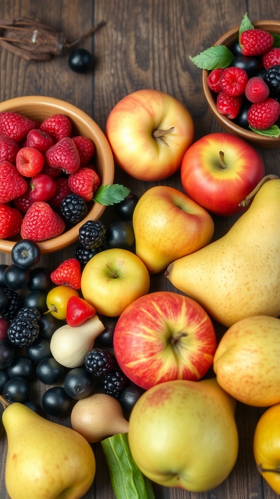 A variety of fresh fruits including apples, pears, and berries arranged on a wooden surface.