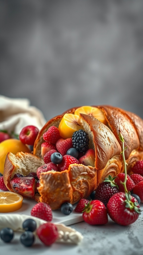 A delicious loaf of fruity brioche with vibrant fresh fruits bursting out of it.