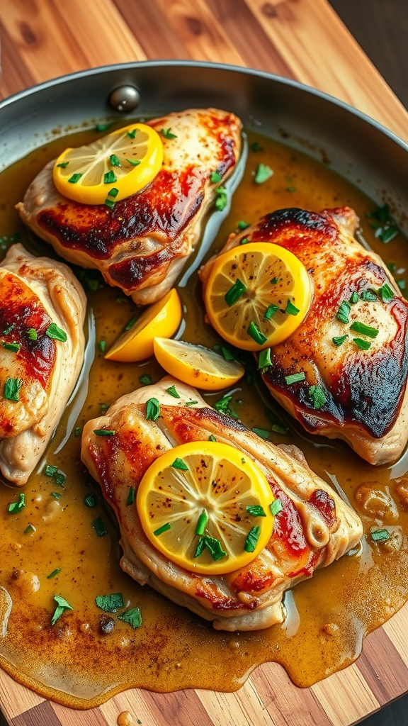 Delicious Garlic Butter Chicken Thighs served with lemon slices